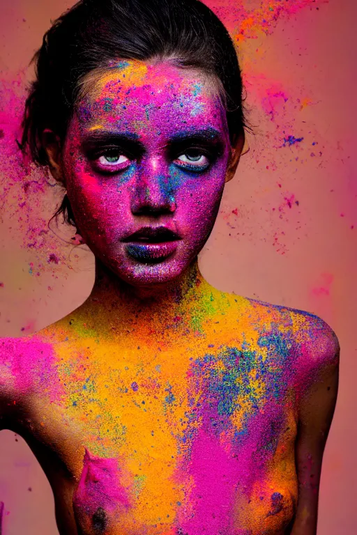 Image similar to A full body portrait of a girl covered in holi powder featured in Vogue and GQ editorial fashion photography, beautiful eye, symmetry face, haute couture dressed by Givenchy and Salvatore Ferragamo