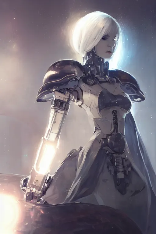 Image similar to beautiful cyborg priestess, scifi, perfect face, futuristic, elegant cape, aura of light, glow, nier automata, concept art, decorations, sharp focus, inside a space ship, trending on artstation, hwang se - on, intricate, advanced technology, art by roman makarenko