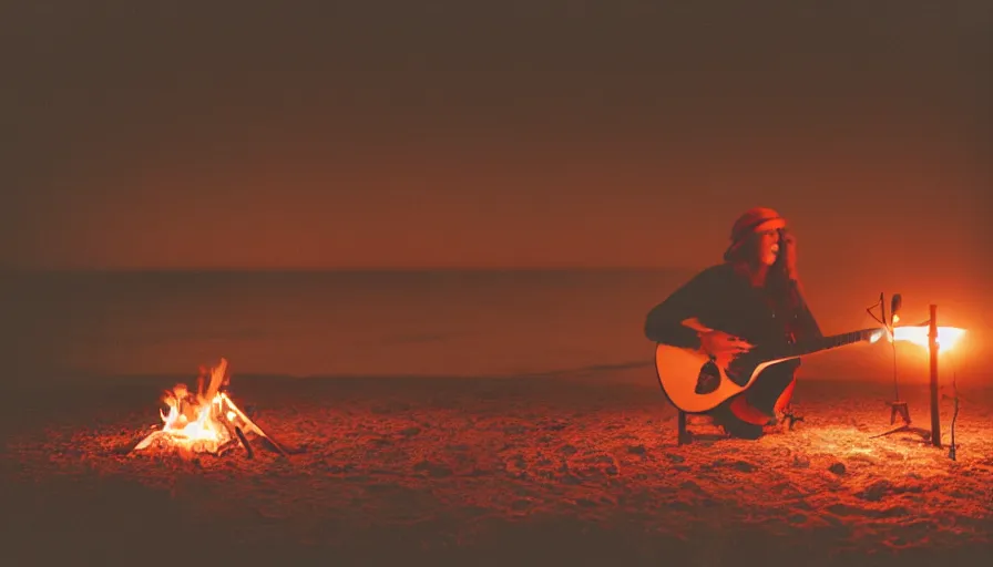 Prompt: kodak portra 400 photo of an acoustic guitar and a campfire on the beach at sunset, golden hour, dimly lit