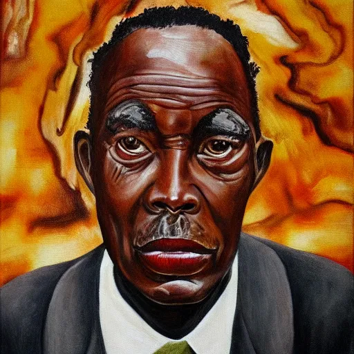 Image similar to a painting of a fatherly wide forehead, round face, XXL , loving, caring, generous, ever-present, humble, wise elder from Kenya in a suit by Wangechi Mutu . Fatherly/daddy, focused, loving, leader, relaxed,. ethereal lights, details, smooth, sharp focus, illustration, realistic, cinematic, artstation, award winning, rgb , unreal engine, octane render, cinematic light, macro, depth of field, blur, red light and clouds from the back, highly detailed epic cinematic concept art CG render made in Maya, Blender and Photoshop, octane render, excellent composition, dynamic dramatic cinematic lighting, aesthetic, very inspirational, arthouse.