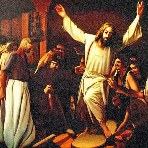 Image similar to jesus is a disk jockey in a london discotheque