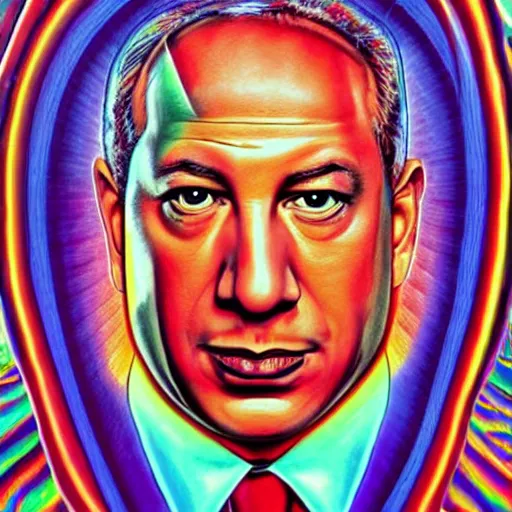 Prompt: a psychadelic portrait of binyamin netanyahu by alex grey, high deatil, cinestill poster