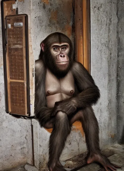 Image similar to uncanny hybrid human - ape, half human half ape inside fuse box in communist apartment building