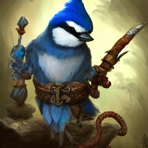 Image similar to cute little anthropomorphic blue jay, wielding a magic staff, tiny, small, short, wizard robe, cute and adorable, pretty, beautiful, dnd character art portrait, matte fantasy painting, deviantart artstation, by jason felix by steve argyle by tyler jacobson by peter mohrbacher, cinema