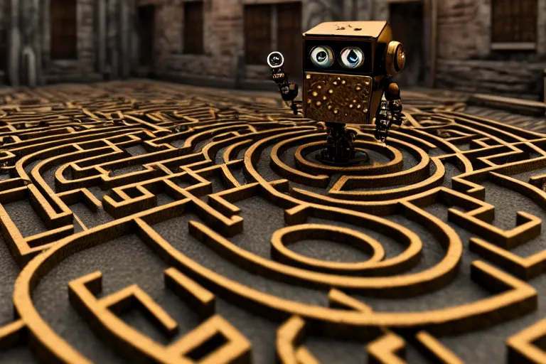 Image similar to a single steampunk robot in a maze by otto dix, tilt shift, ultra realistic, unreal engine, trending on artstation, 4 k