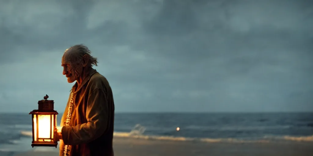 Image similar to film still of closeup old man holding up lantern by his beach hut at night. pirate ship in the ocean by emmanuel lubezki