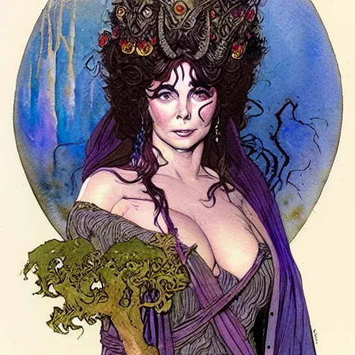 Prompt: a realistic and atmospheric watercolour fantasy character concept art portrait of elizabeth taylor as a druidic warrior wizard looking at the camera with an intelligent gaze by rebecca guay, michael kaluta, charles vess and jean moebius giraud