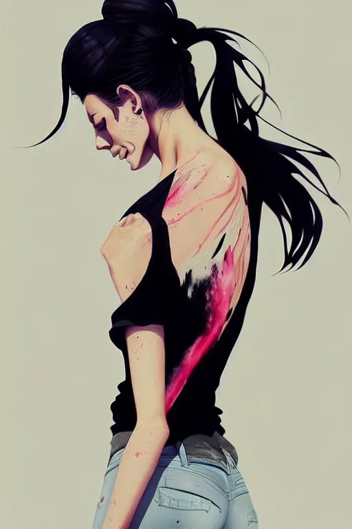 Image similar to a ultradetailed beautiful full body painting of a stylish woman in with a ponytail, she is wearing a black tank top and jeans, by conrad roset, greg rutkowski and makoto shinkai trending on artstation