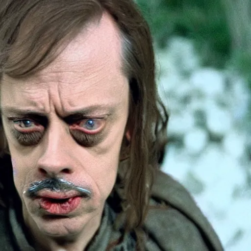 Prompt: Real Stills of Steve Buscemi playing a lord of rings elf in the new upcomming TV show promo ARRIFLEX 435 Camera face closeup