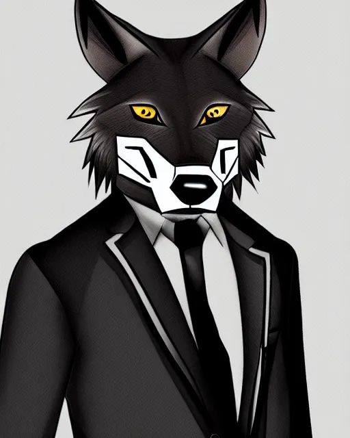 Image similar to a man in a suit and tie with a wolf mask on, a character portrait by kamagurka, extremely detailed, trending on deviantart, furry art, furaffinity, behance hd, official art