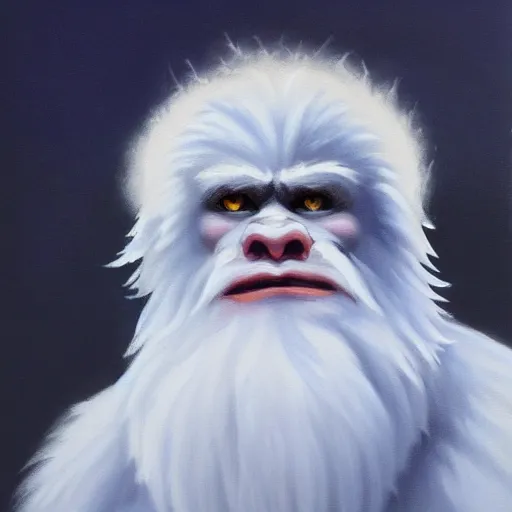 Image similar to oil painting of a yeti, a white snow primate, in style of ivan aivazovsky, expressive face, detailed face, detailed eyes, full body, feminine face, tracer overwatch, disney, pixar