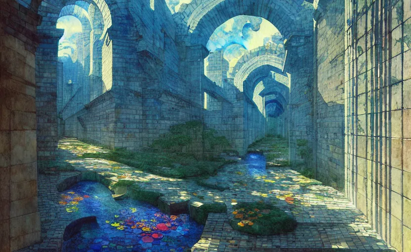 Image similar to tiled room squared waterway, aqueducts, fantasy. intricate, amazing composition, colorful watercolor, by ruan jia, by maxfield parrish, by marc simonetti, by hikari shimoda, by robert hubert, by zhang kechun, illustration, gloomy