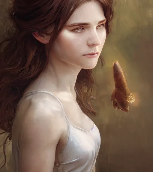 Prompt: portrait of a young woman, soft features, gentle smile, muscular, half body, cloth, short brown hair, back light, d & d, fantasy, intricate, highly detailed, digital painting, artstation, concept art, smooth, sharp focus, illustration, art by artgerm and greg rutkowski and alphonse mucha