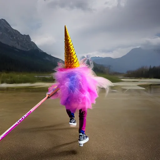 Image similar to wizard riding a pink unicorn carrying a hockey stick, ultraHD, realistic, photojournalism, Pulitzer Prize, national geographic