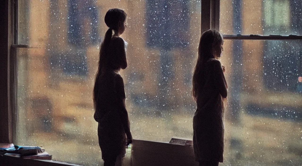 Image similar to a girl stuyding at night infront of rainy window