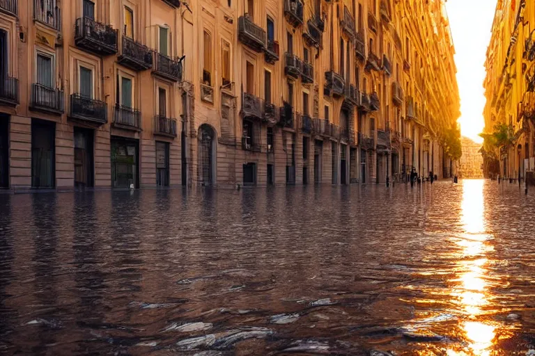 Image similar to views of catastrophic barcelona streets covered with water, global warming, sunset lighting, photo real