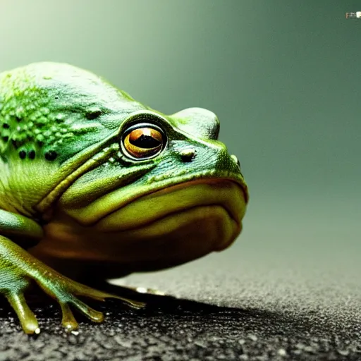 Image similar to hyperrealistic image of bullfrog, by thomas eakes & xiang duan & mike judge, perfect symmetry, dim volumetric lighting, photorealistic, 8 k octane beautifully detailed render, post - processing, extremely hyper - detailed, intricate, epic composition, lifelike attributes, cinematic lighting, masterpiece, trending on artstation, very very detailed, stunning,
