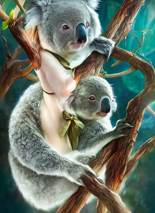 Image similar to a beautiful koala as polished leeloo cosplay, weta disney pixar movie still photo hi - fructose sci fi decadent highly - detailed digital painting mucha loish wlop artgerm, octane render