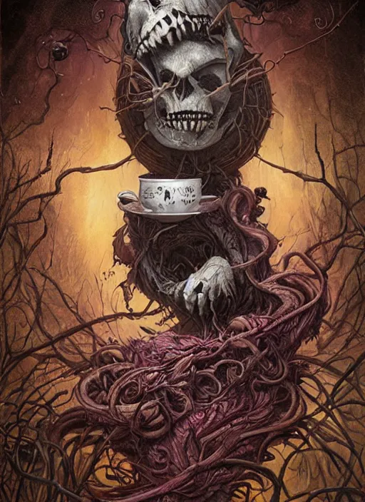 Prompt: Happy Cheshire Cat brewing tea, Death Tarot card,highly detailed,half skull face,cinematic,8k,by Stanley Artgermm,Tom Bagshaw,Greg Rutkowski,Carne Griffiths, Ayami Kojima, Beksinski, Giger,trending on DeviantArt,hyper detailed,horror, full of colour