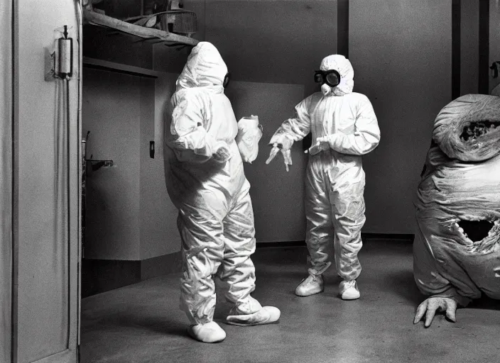 Image similar to horror movie scene, a huge blobby flesh creature grows out of control in a high tech science lab, a man in a hazmat suit watches helplessly