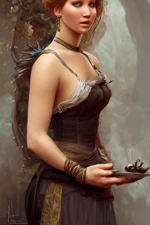 Image similar to portrait of jennifer lawrence as a dainty maid, half body, d & d, fantasy, intricate, elegant, highly detailed, digital painting, artstation, concept art, art by artgerm and greg rutkowski and alphonse mucha