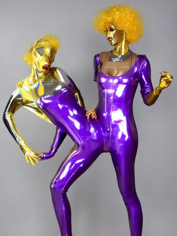 Prompt: very tight Translucent metallic mirror chrome purple and Gold latex crazy outfit on a gray plastic mannequin
