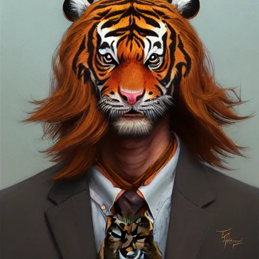 Image similar to portrait of a tiger with a humanoid face, male, handsome, masculine, full body, red hair, long hair, soft hair, fantasy, intricate, elegant, highly detailed, suit, coffee shop, digital painting, artstation, concept art, character art, smooth, sharp focus, illustration, art by artgerm and greg rutkowski and alphonse mucha