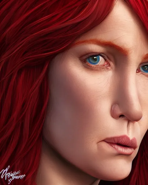 Prompt: portrait of short and plump 5 0 - year - old woman with red hair and a kind face, hyper realistic face, beautiful eyes, character art, art by mark brooks, hyperdetailed, cryengine, trending on artstation, digital art