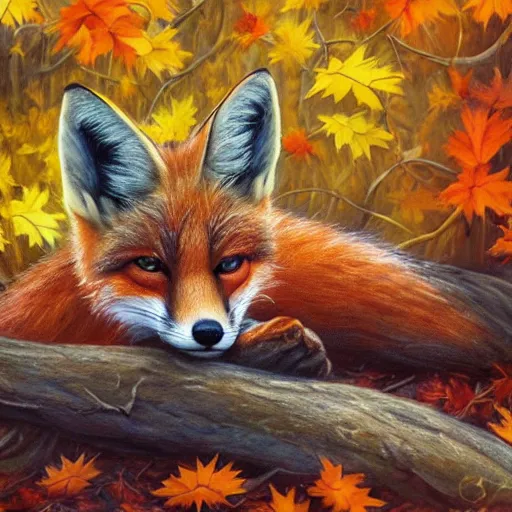 Prompt: a stunning close-up oil painting of a cute fox curled up on the forest floor lying on autumn leaves in a fall forest