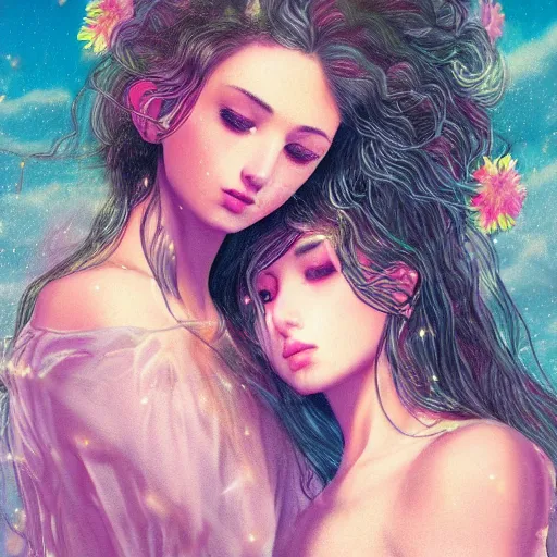 Image similar to high detail portrait of the two most beautiful woman with her hair down and surrounded by soft florals, vaporwave lighting, dewy skin, concept art, beautiful