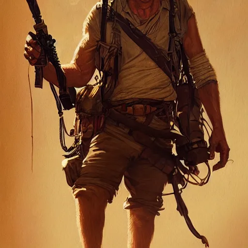 Prompt: harrison ford as indian jones, highly detailed, illustration, fantasy art, in the style of greg rutkowski, cinematic shot, epic, fantasy, intricate, hyper detailed, artstation, concept art, smooth, sharp focus, ray tracing
