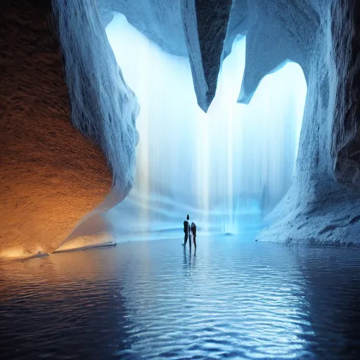 Image similar to light is mine to travel,beyond time ,the cathedrals in a underground vast cave canyon grotto, of life the beginning , geological strata,ground mist, falling water,deep clear pools of water,reflection,refraction, hyper-maximalist,micro details, 3d sculpture,,digital rendering,octane render , 4k, artstation, concept art ,amazing lighting, f42,deep depth of field,photographic, wide angle,cinematic lighting