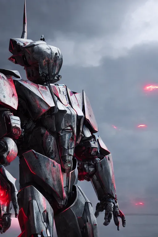 Prompt: hyper detailed cinematic rendering with volumetric lightning and ray tracing, azure crimson skinny full body armored core, weathering armor plating, endoekeleton exposure, 8 k, octane render, unreal engine, ray tracing