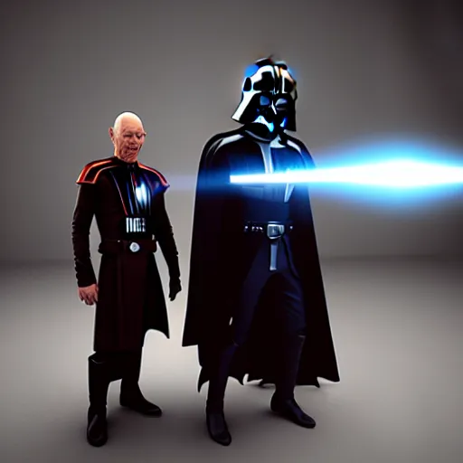 Image similar to a hyper real comic book style portait painting of captain picard and darth vader with the light sword, unreal 5, hyperrealistic, octane render, cosplay, rpg portrait, dynamic lighting