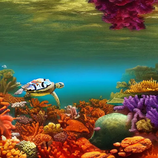 Image similar to a beautiful matte digital painting of a light-green sea turtle swimming over an red-orange coral reef through blue-violet waters, triadic color palette, painted in the style of National Geographic, trending on artstation hq