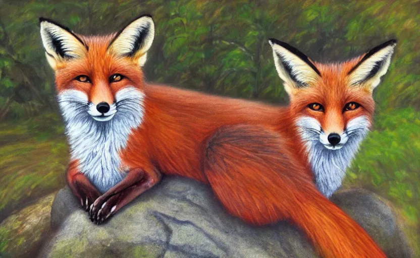 Image similar to a highly detailed fox sitting on a rock in the woods looking at the camera while the sun is shining, oil painting