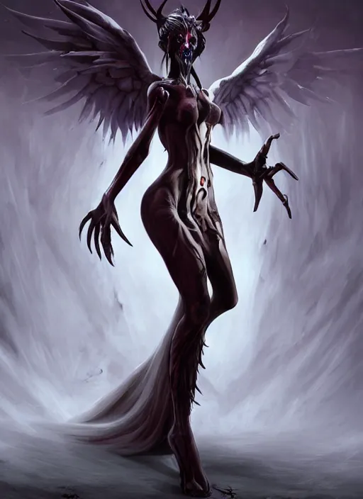 Prompt: dark full body painting of mercy from overwatch, in style of zdzisław beksinski, scary, horror, 4 k, feminine facial features, overwatch mercy character, horror, body horror, disturbing, detailed face, dressed in dark garment, black tendrils, tall,