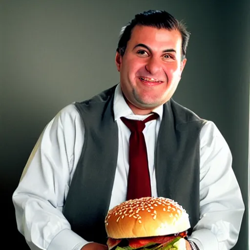 Prompt: clean - shaven smiling white chubby italian american man in his 4 0 s wearing a brown long overcoat and necktie holding a giant burger, 2 0 0 0 avertising promo shot