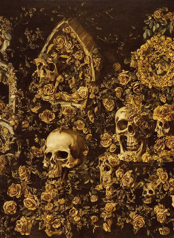 Image similar to portrait of hall of ossuary with a caves and marble skulls with a wreath of gold roses and a dress of gold rose petals , oil painting in a renaissance style , very detailed, painted by Caravaggio.