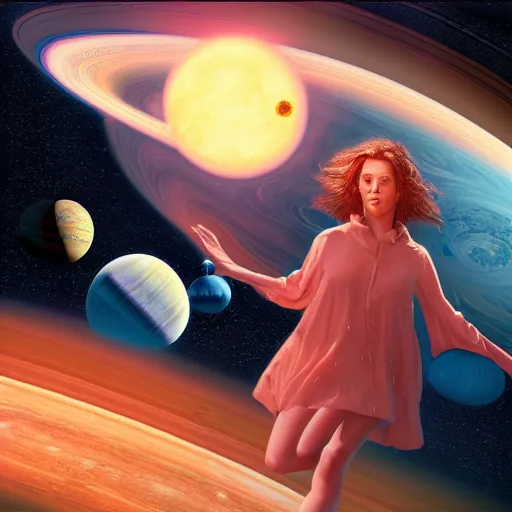 Image similar to giant woman floating among the planets in the solar system, oil on canvas, intricate, 8k highly professionally detailed, HDR, CGsociety