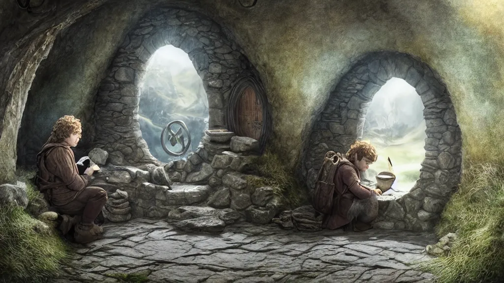 Image similar to frodo writing in his journal inside his hobbit hole bag end at the end of his journey, hobbiton visible through a window, by alan lee, michal karcz, smooth details, lord of the rings, game of thrones, smooth, detailed terrain, oil painting, trending artstation, concept art, fantasy matte painting, over the shoulder shot