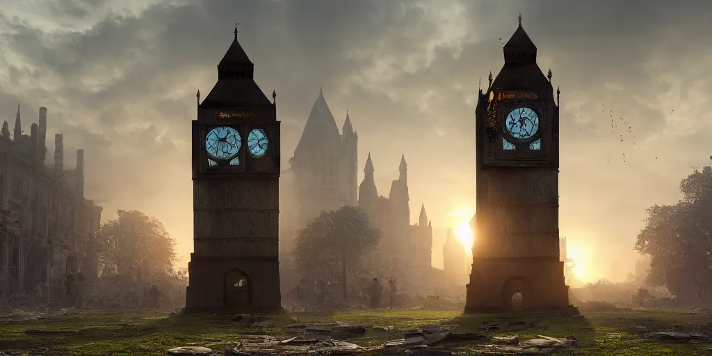 Image similar to a destroyed clock tower in a destroyed London at sunrise, ruins, clouds in the sky, concept art, octane render, unreal engine 5, trending on Artstation, high quality, 8K, soft lighting, highly detailed, trending on DeviantArt, mossy, apocaliptic, serene landscape, beautiful, cgsociety, godrays, path traced