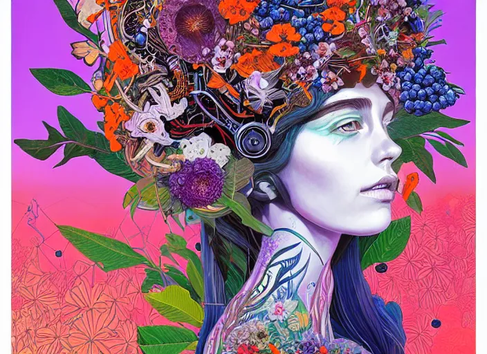 Image similar to a painting of a beautiful cyborg girl with a lot of flowers and blueberries and exotic plants on its head, poster art by android jones, behance contest winner, generative line art, made of flowers, grotesque, concert poster