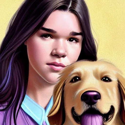 Prompt: Hailee Steinfeld as Kate Bishop facing forward and petting a one-eyed Golden Retriever, Marvel, Hawkeye, blush, intricate, face, cute, elegant, light purple mist, highly detailed, dog missing left eye, digital painting, artstation, concept art, matte, sharp focus, illustration, art by Artgerm and Greg Rutkowski and Alphonse Mucha