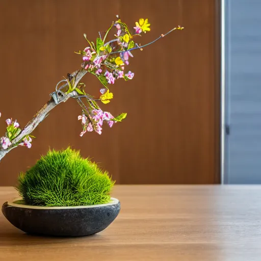 Prompt: a photo of 8k Ikebana, ohararyu, wide angle, sony a7r3, ultra detail, photorealistic, in simple background