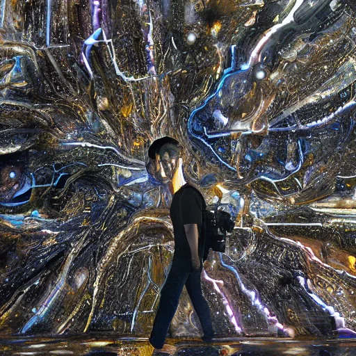 Image similar to digital sci-fi oily gloss reflection airport motherboard wall structure with organic forms in liquid and oil on the coronation of napoleon painting, on moon with medium size man walking with black background and digital billboard in the middle. unreal engine 5, keyshot, octane, artstation trending, by Zaha Hadid architects, by Matrix film color, high contrast pinterest black plastic, dark atmosphere pinterest tilt shift, 4k, 8k, 16k.