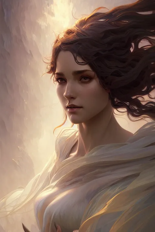 Prompt: Portrait of high fantasy wind elemental, upper body, intricate, graceful, misty, highly detailed, digital painting, artstation, concept art, smooth, sharp focus, illustration, art by artgerm and Marc Simonetti and alphonse mucha