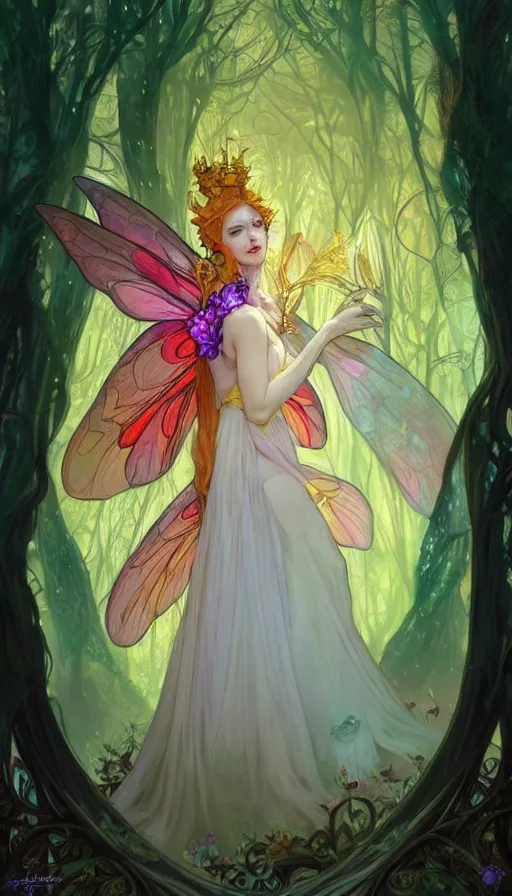 Prompt: a colorful and provenance and stunningly beautiful female faerie priestess in amanita muscaria forest landscape, symmetrical wings on back, neon hair, fantasy art, wearing a dress of gossamer gold, dark light night, sharp focus, digital painting, 4 k, concept art, art by charlie bowater and alphonse mucha, brom, face by otto schmidt