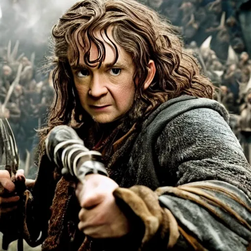 Image similar to deleted scene from the Hobbit Desolation of Smaug, Bilbo has a gun