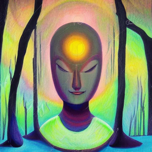 Image similar to painting of a tranquil alien made of light and glows meditating in dense forest by Lobsang Melendez Ahuanari, acrylic art, ethereal, soothing, somber, elegant, warm light, cozy, breathtaking,